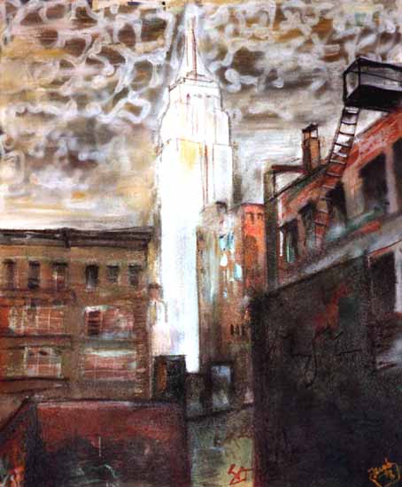 painting of the empire state building, from afar.