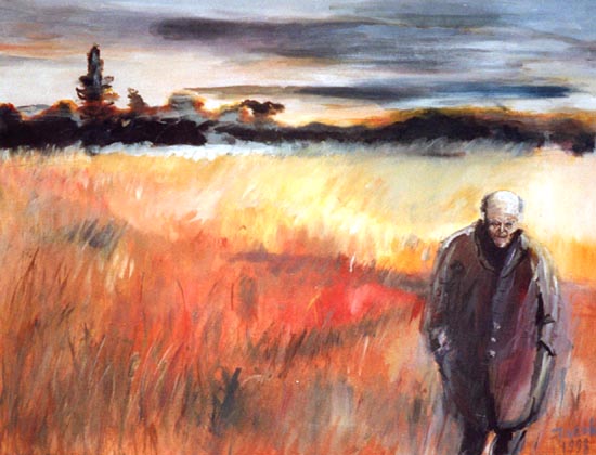 painting of a sad middle age man walking in a fall field