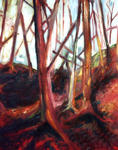 painting of a forest, mainly red colors