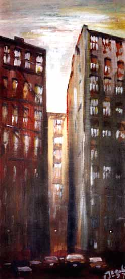 painting of a small parking lot between two tall city buildings