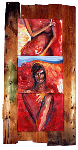 three small canvases that form the picture of a nude woman