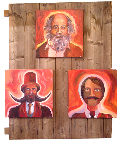 three portraits, an old bearded man, a younger bearded man in a cylinder hat, and a young man with a moustache. all mounted on wodden planks in a triangle. top upwards.