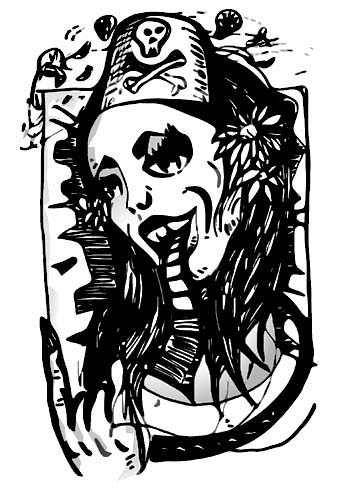 black ink drawing of a smiling punk girl with a skull cross bone fez