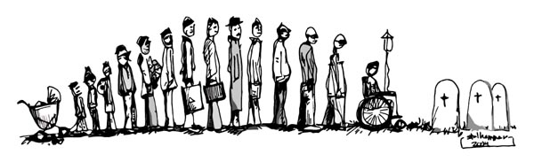 Ink drawing of a long line of people. Starting with a baby in a baby carriage, ending with some headstones. Illustration.