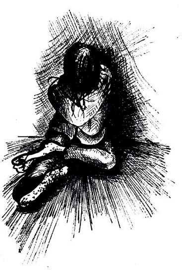 black ink drawing of crouching figure in a corner