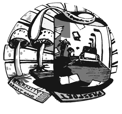 Ink drawing, a car running towards the horison, on top of a passport and a ticket stating: Eternity, admit one. Illustration.