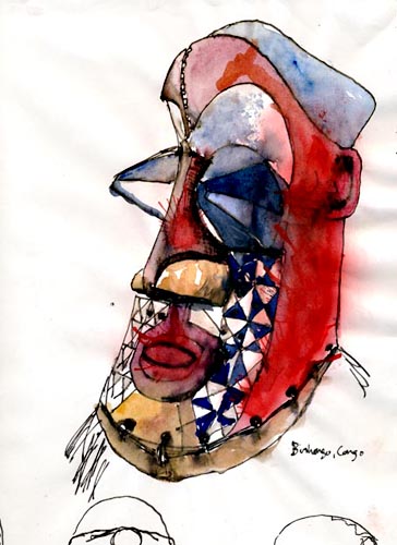 Watercolor of a head mask from Congo. 1992