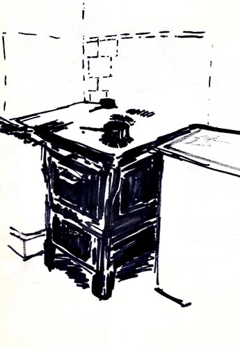 Ink drawing of an old stove in my very first apartment. 1985
