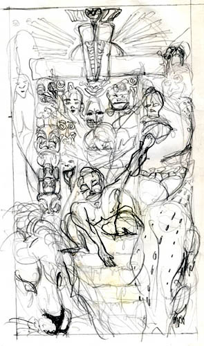 Early pencil drawing with tons of figures in it. It was an idea for a large canvas, but I simply realised I did not have the energy to complete it. Probably just as well. 