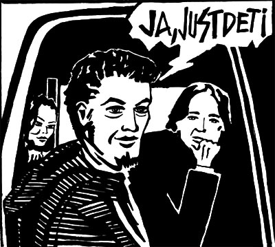 slightly idealized ink drawing of jesper, jill & lasse in a car. hernandez style.