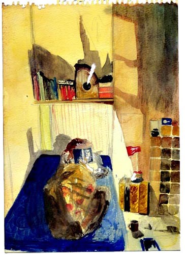 watercolor of my then girlfriend reading in our bed in a squat in Hackney.