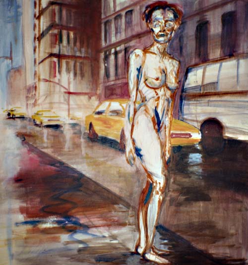 Full size acrylic sketch of a nude girl walking a NYC street. Completed in 1998