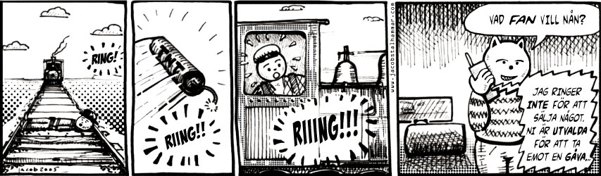 cartoon of a man tied to some railroad tracks, a train is approaching, a phone is heard. we get closer and closer, finally the call is answered and it turns out to be a telemarketer... 