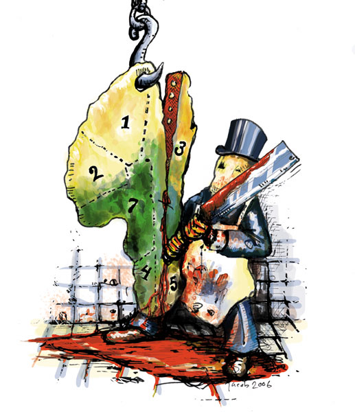 cartoon drawing of a masked butcher carving up Africa.