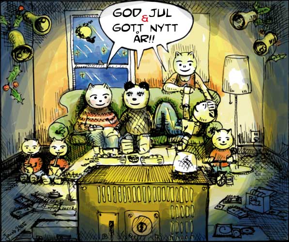 A comic book style drawing of a family of animals enjoying an evening of TV. Happy Holidays!